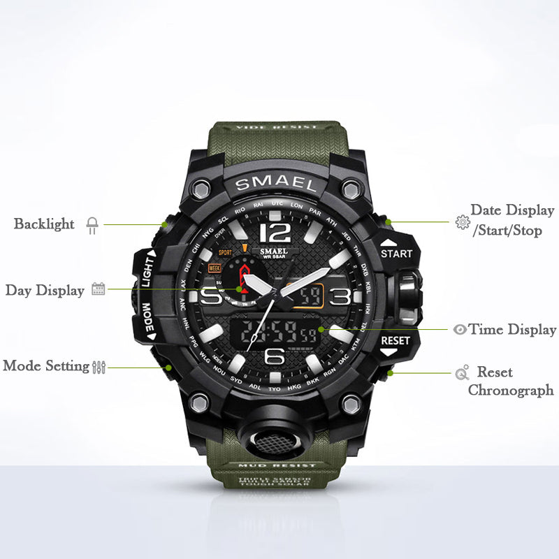 Sports Watches Dual Display Analog Digital LED Electronic Quartz Wristwatch 1545-009