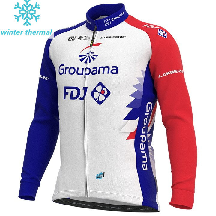 LONG SLEEVE FLEECE JERSEY BIB PANTS Bike GROUPAMA FDJ WHITE - BLUE - RED