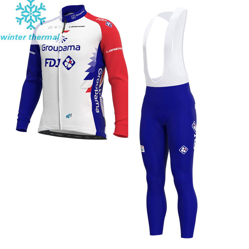 LONG SLEEVE FLEECE JERSEY BIB PANTS Bike GROUPAMA FDJ WHITE - BLUE - RED