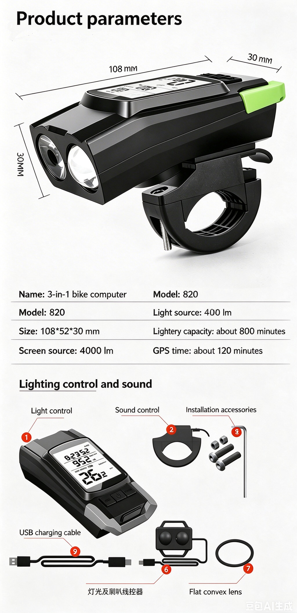 GPS Wireless Bike Computer 5-in-1: Speedometer, Odometer, Headlight & Horn